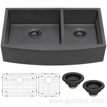 Undermount double bowl farmhouse kitchen sink with clips